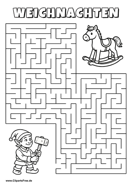 Irrgarten zum Drucken 'Hilf dem Elf, den Weg zu dem Holzschaukelpferd zu finden'