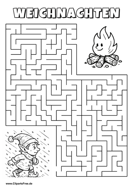 Irrgarten zum Drucken 'Hilf dem Elf im Schneesturm, den Weg zu der Feuerstelle zu finden'
