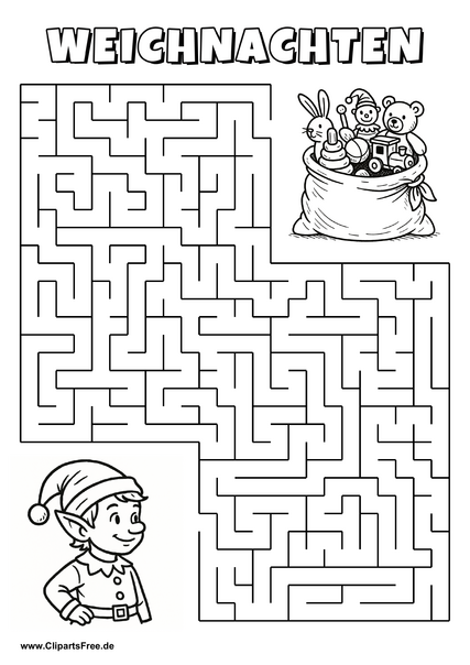 Irrgarten zum Drucken 'Hilf dem Elf mit Mütze, den Weg zu dem Sack voller Spielzeug zu finden'