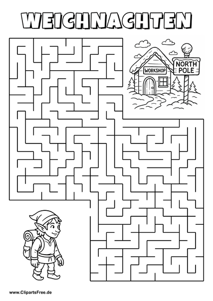 Irrgarten zum Drucken 'Hilf dem Elf mit Rucksack, den Weg zu dem Werkstatt am Nordpol zu finden'