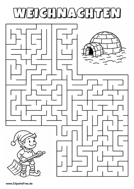 Irrgarten zum Drucken 'Hilf dem Elf mit Schneeschaufel, den Weg zu dem Iglu im Schnee zu finden'