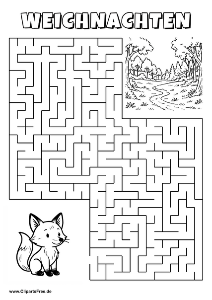 Irrgarten zum Drucken 'Hilf dem Fuchs, den Weg zu dem Weihnachtsfest zu finden'
