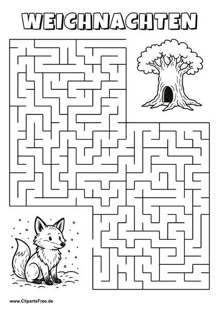 Irrgarten zum Drucken 'Hilf dem Fuchs mit Schneeball, den Weg zu dem Schneemann zu finden'
