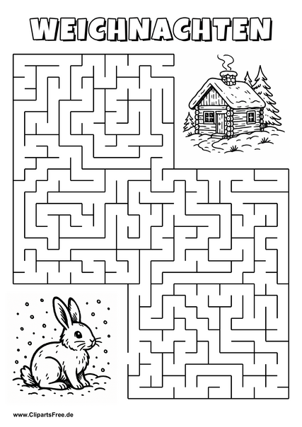 Irrgarten zum Drucken 'Hilf dem Hasen im Schnee, den Weg zu der Winterhütte zu finden'