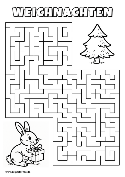 Irrgarten zum Drucken 'Hilf dem Hasen mit Geschenk, den Weg zu dem Tannenbaum zu finden'