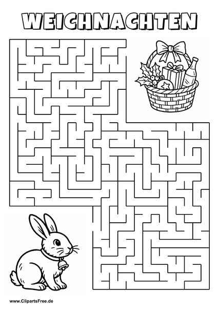 Irrgarten zum Drucken 'Hilf dem Hasen mit Glocke, den Weg zu dem Weihnachtskorb zu finden'