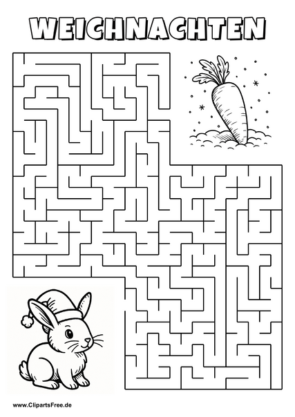 Irrgarten zum Drucken 'Hilf dem Hasen mit Weihnachtsmütze, den Weg zu der Möhre zu finden'