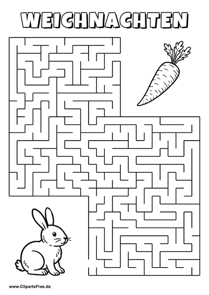 Irrgarten zum Drucken 'Hilf dem Kaninchen im Winter, den Weg zu der leckeren Karotte zu finden'