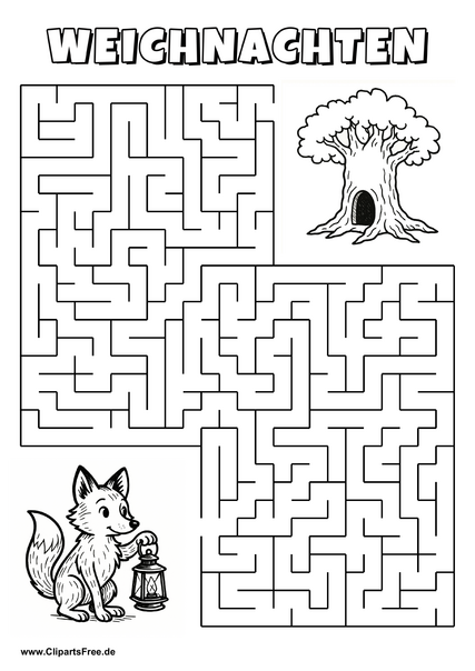 Irrgarten zum Drucken 'Hilf dem kleinen Fuchs, den Weg zu dem Schneemann zu finden'