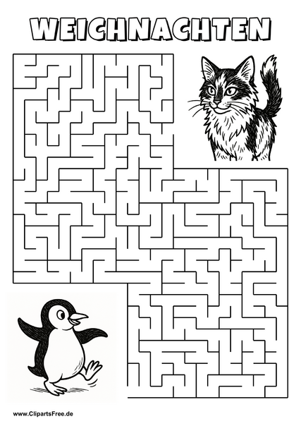 Irrgarten zum Drucken 'Hilf dem Pinguin beim Tanzen, den Weg zu der Katze zu finden'