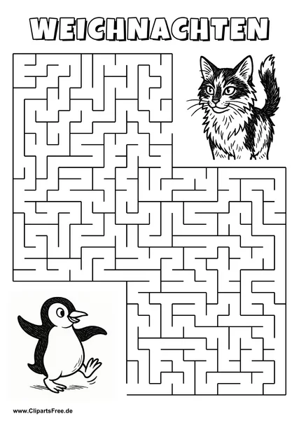 Irrgarten zum Drucken 'Hilf dem Pinguin beim Tanzen, den Weg zu der Katze zu finden'