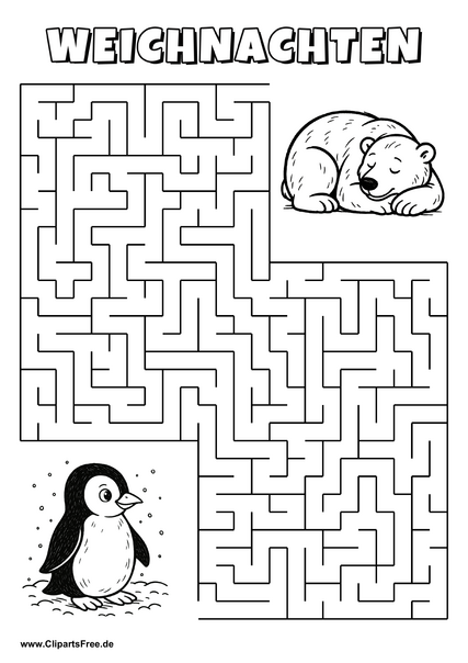 Irrgarten zum Drucken 'Hilf dem Pinguin, den Weg zu dem schlafenden Eisbär zu finden'