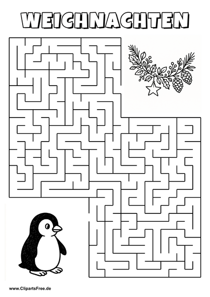 Irrgarten zum Drucken 'Hilf dem Pinguin, den Weg zu der Weihnachtsgirlande zu finden'