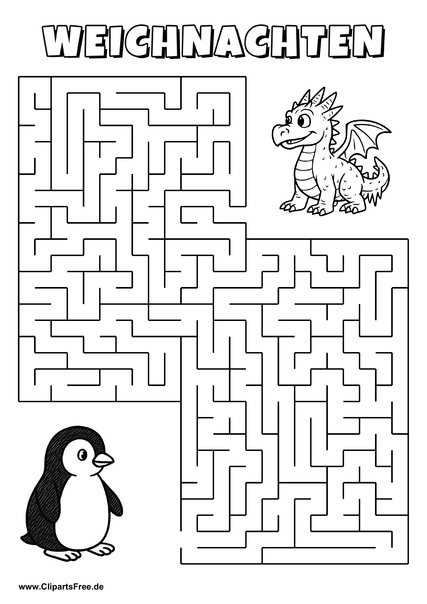 Irrgarten zum Drucken 'Hilf dem Pinguin, den Weg zu kleinem Drachen zu finden'