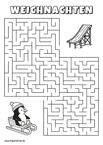 Irrgarten zum Drucken 'Hilf dem Pinguin im Schlitten, den Weg zu der Rutsche zu finden'