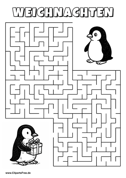 Irrgarten zum Drucken 'Hilf dem Pinguin mit Geschenk, den Weg zu anderem Pinguin zu finden'