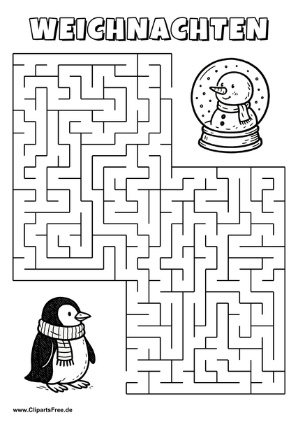 Irrgarten zum Drucken 'Hilf dem Pinguin mit Schal, den Weg zu der Schneekugel zu finden'