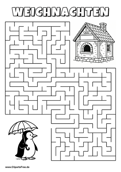 Irrgarten zum Drucken 'Hilf dem Pinguin mit Schirm, den Weg zu dem Haus zu finden'