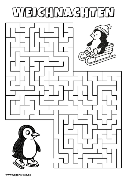 Irrgarten zum Drucken 'Hilf dem Pinguin mit Schlittschuhen, den Weg zu seinem Kind zu finden'