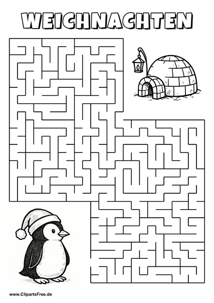 Irrgarten zum Drucken 'Hilf dem Pinguin mit Weihnachtsmütze, den Weg zu dem Iglu zu finden'