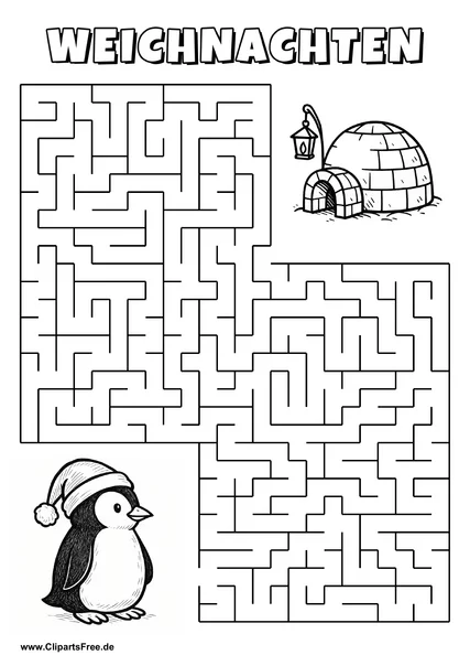 Irrgarten zum Drucken 'Hilf dem Pinguin mit Weihnachtsmütze, den Weg zu dem Iglu zu finden'