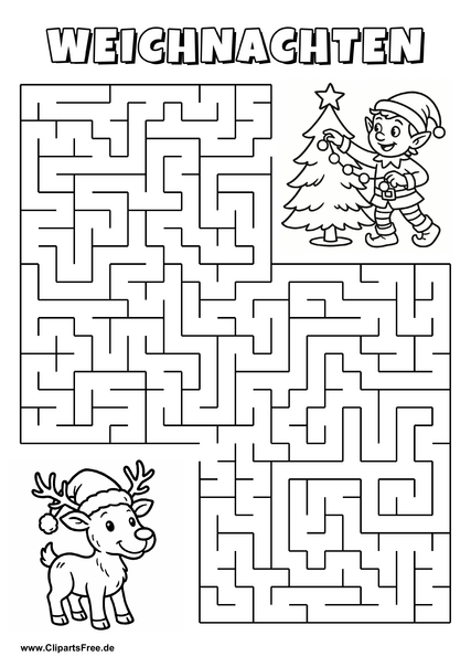Irrgarten zum Drucken 'Hilf dem Renntier, den Weg zu dem Weihnachtsfeier zu finden'
