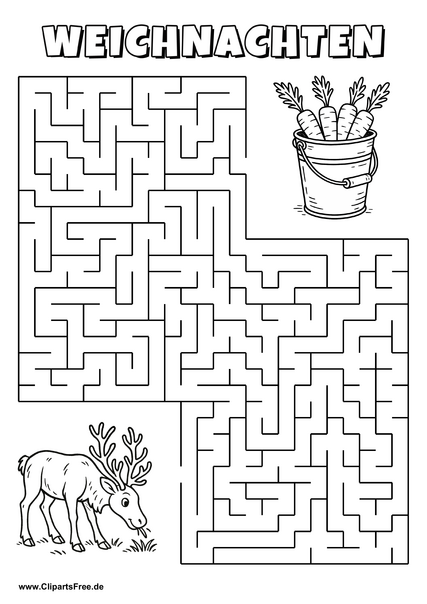 Irrgarten zum Drucken 'Hilf dem Rentier, den Weg zu dem Eimer mit Karotten zu finden'