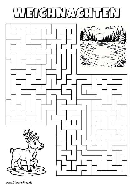 Irrgarten zum Drucken 'Hilf dem Rentier, den Weg zu dem See zu finden'