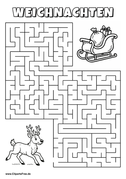 Irrgarten zum Drucken 'Hilf dem Rentier, den Weg zu den Schlitten vom Weihnachtsmann zu finden'