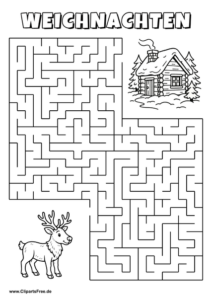 Irrgarten zum Drucken 'Hilf dem Rentier, den Weg zu der warmen Winterhütte zu finden'