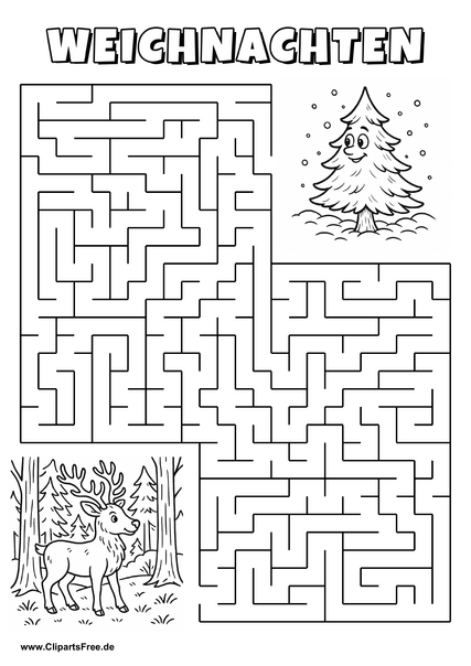 Irrgarten zum Drucken 'Hilf dem Rentier im Wald, den Weg zu der Tanne zu finden'