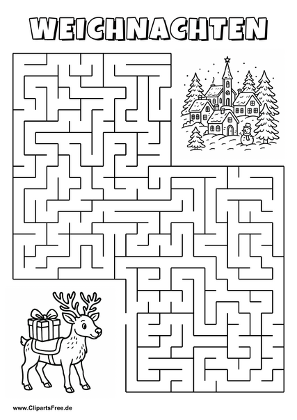 Irrgarten zum Drucken 'Hilf dem Rentier mit Geschenk, den Weg zu dem Weihnachtsdorf zu finden'
