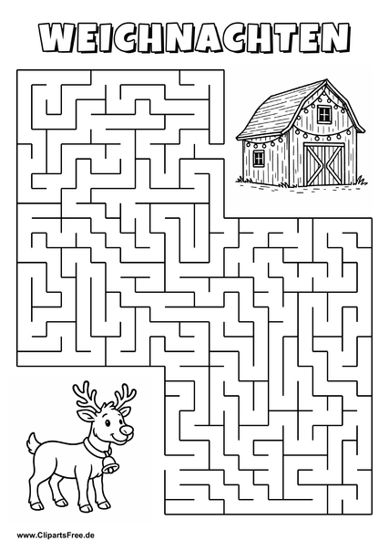 Irrgarten zum Drucken 'Hilf dem Rentier mit Glocke, den Weg zu der Scheune mit Lichtern zu finden'