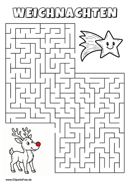 Irrgarten zum Drucken 'Hilf dem Rentier mit roter Nase, den Weg zu der Sternschnuppe zu finden'