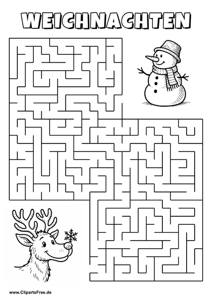 Irrgarten zum Drucken 'Hilf dem Rentier mit Schneeflocke, den Weg zu dem Schneemann zu finden'