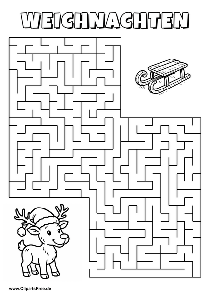 Irrgarten zum Drucken 'Hilf dem Rentier mit Weihnachtsmütze, den Weg zu den Schlitten zu finden'