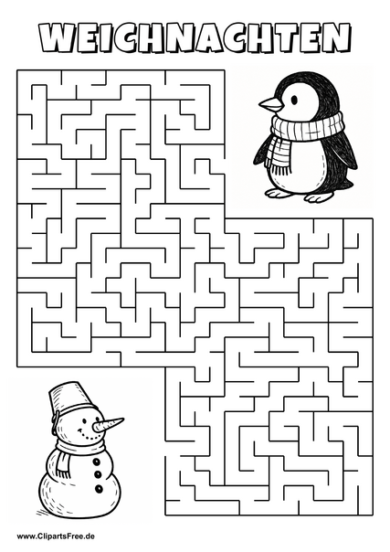 Irrgarten zum Drucken 'Hilf dem Schneemann mit Eimer, den Weg zu dem Pinguin zu finden'