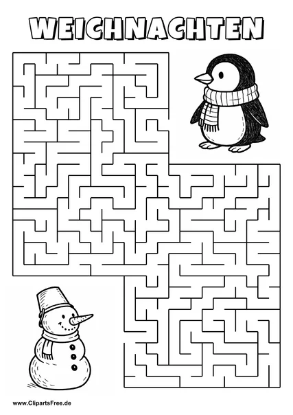 Irrgarten zum Drucken 'Hilf dem Schneemann mit Eimer, den Weg zu dem Pinguin zu finden'