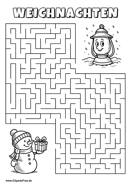 Irrgarten zum Drucken 'Hilf dem Schneemann mit Geschenkbox, den Weg zu der Lampe zu finden'