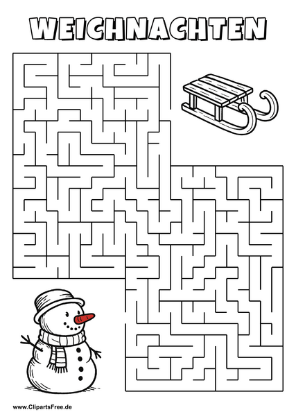 Irrgarten zum Drucken 'Hilf dem Schneemann mit roter Nase, den Weg zu den Schlitten zu finden'