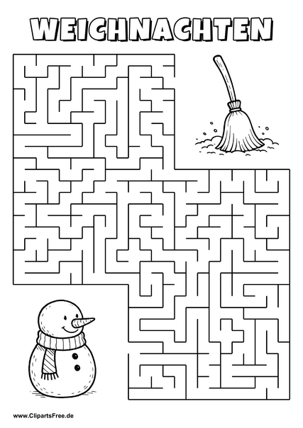 Irrgarten zum Drucken 'Hilf dem Schneemann mit Schal, den Weg zu dem Besen im Schnee zu finden'