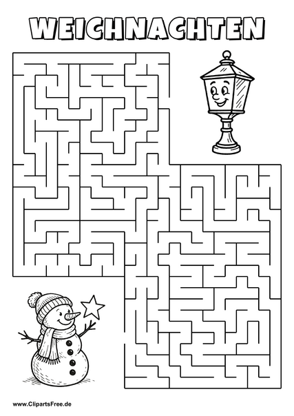 Irrgarten zum Drucken 'Hilf dem Schneemann mit Stern, den Weg zu der Laterne zu finden'