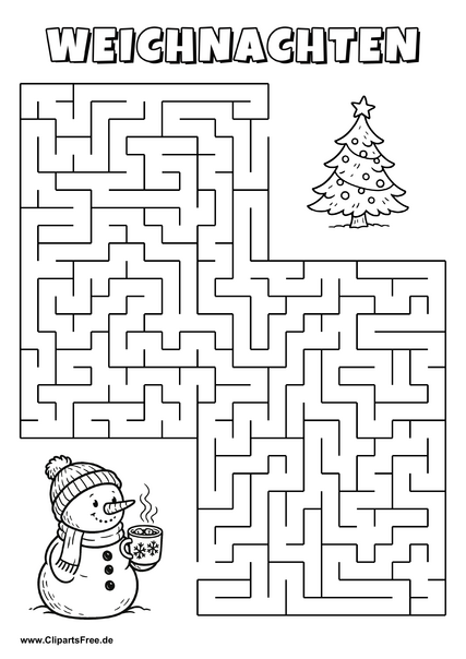 Irrgarten zum Drucken 'Hilf dem Schneemann mit Tasse Kakao, den Weg zu dem Weihnachtsbaum zu finden'