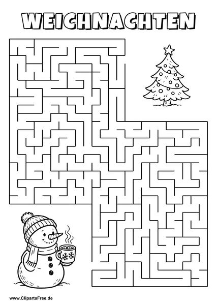 Irrgarten zum Drucken 'Hilf dem Schneemann mit Tasse Kakao, den Weg zu dem Weihnachtsbaum zu finden'