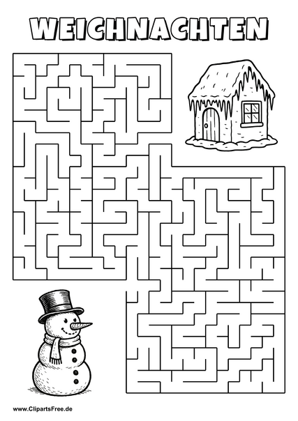 Irrgarten zum Drucken 'Hilf dem Schneemann mit Zylinder, den Weg zu das Eiszapfenhaus zu finden'