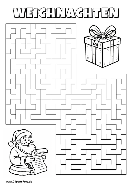 Irrgarten zum Drucken 'Hilf dem Weihnachtsmann, den Weg zu dem großen Geschenkpaket zu finden'