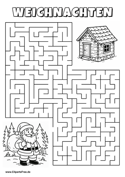 Irrgarten zum Drucken 'Hilf dem Weihnachtsmann, den Weg zu der Hütte im Wald zu finden'