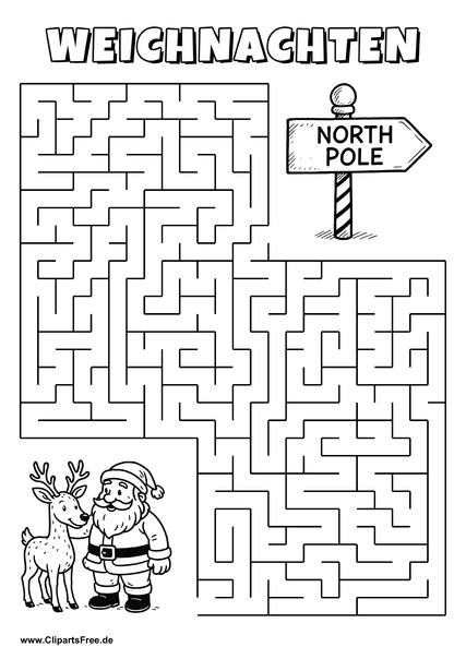 Irrgarten zum Drucken 'Hilf dem Weihnachtsmann und dem Rentier, den Weg zu dem Nordpol-Schild zu finden'