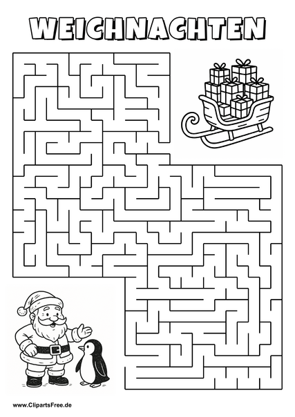 Irrgarten zum Drucken 'Hilf dem Weihnachtsmann und Pinguin, den Weg zu den Schlitten voller Pakete zu finden'