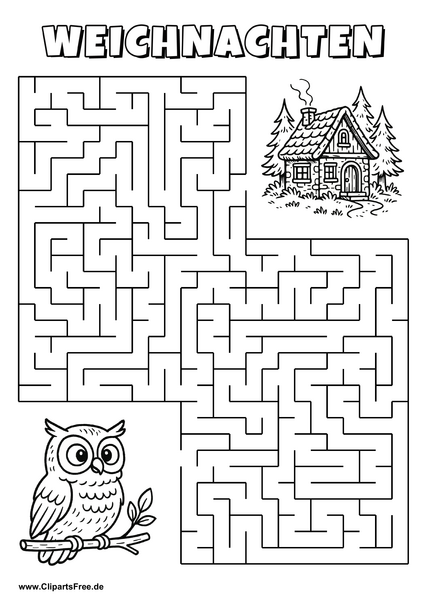 Irrgarten zum Drucken 'Hilf der Eule auf Zweig, den Weg zu dem Waldhaus zu finden'